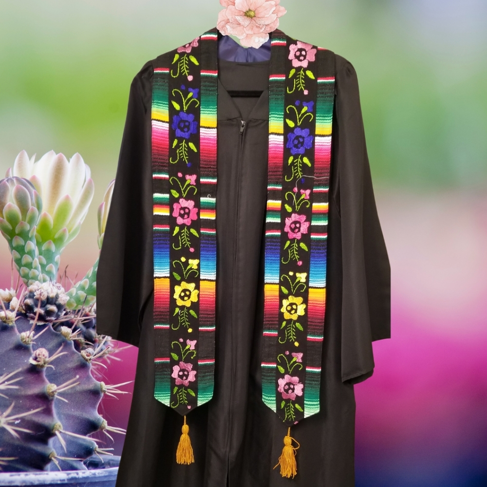 Embroidered Flowers Mexican Serape Graduation Stole/Sash - Black